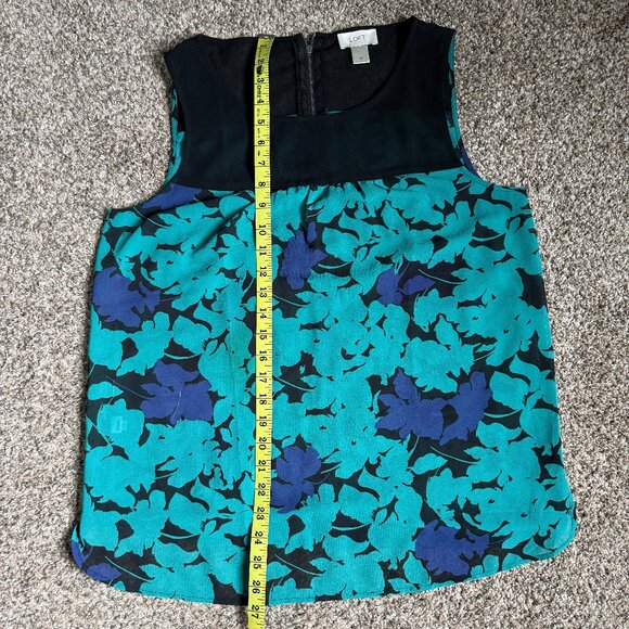 LOFT Sleeveless Sheer Panel Yoke Top Floral Blouse, Size M, Teal/Black/Purple - Picture 4 of 10
